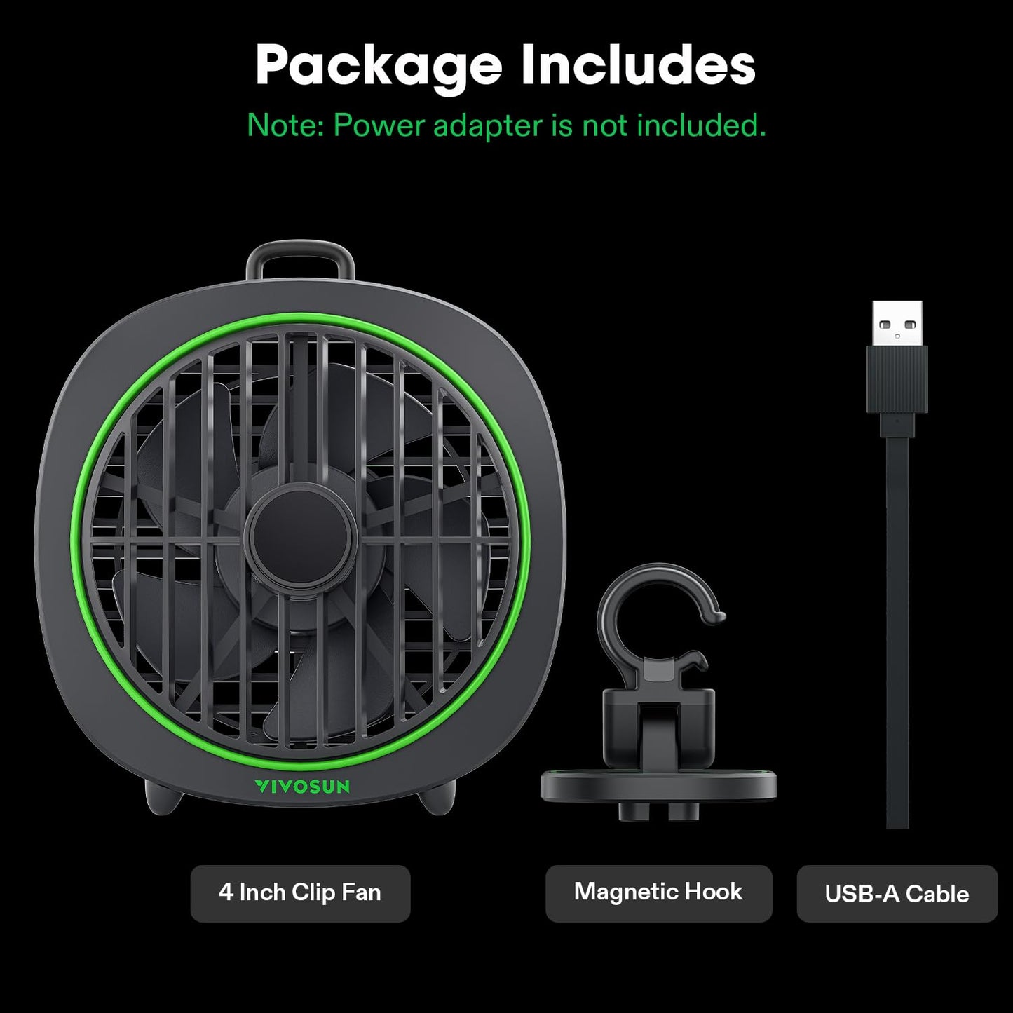 VIVOSUN AeroWave D4, 4” Grow Tent Clip Fan with Detachable Hook, 3-Speed Strong & Quiet Airflow, Adjustable Airflow Angle for Hydroponics, Circulation & Cooling, Black, 2-Pack