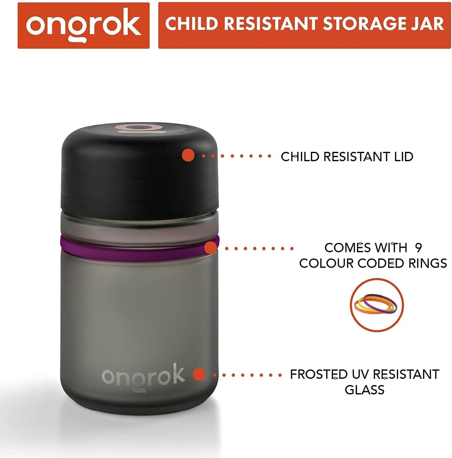 ONGROK Glass Storage Jar, 180ml, 3 Pack, UV Herb/Spice Jar with Child Resistant Lid, Color-Coded Glass Containers Air Proof to Preserve Smell and Aroma, Perfect Size to Store in a Drawer or Cupboard