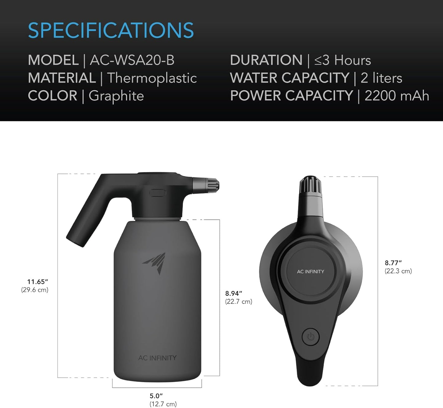 AC Infinity Automatic Sprayer, 2L Portable Electric Spray Bottle, USB Rechargeable with Adjustable Nozzle Spout for Plants Fertilizing Gardening and Cleaning (Graphite)