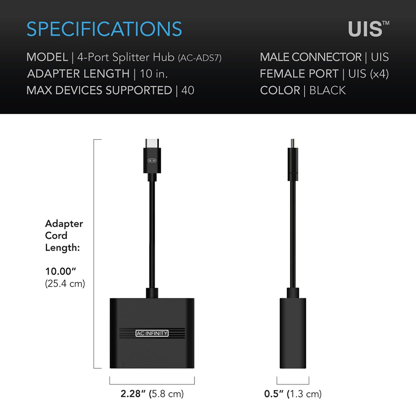 AC Infinity UIS Splitter Hub, 4-Port Adapter Dongle, Connector Cable Cord to Share UIS Programming for LED Grow Lights, EC Motor Fans, and Humidifiers