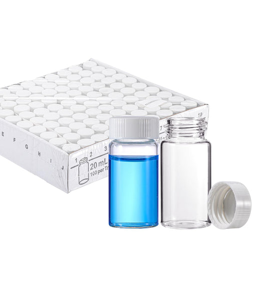 FOUR E'S SCIENTIFIC 20 ML Scintillation Vials, 100 PCS Lab Borosilicate Glass Liquid Scintillation Vials, 22-400 White Screw Cap with Silver Aluminum Foil Liner