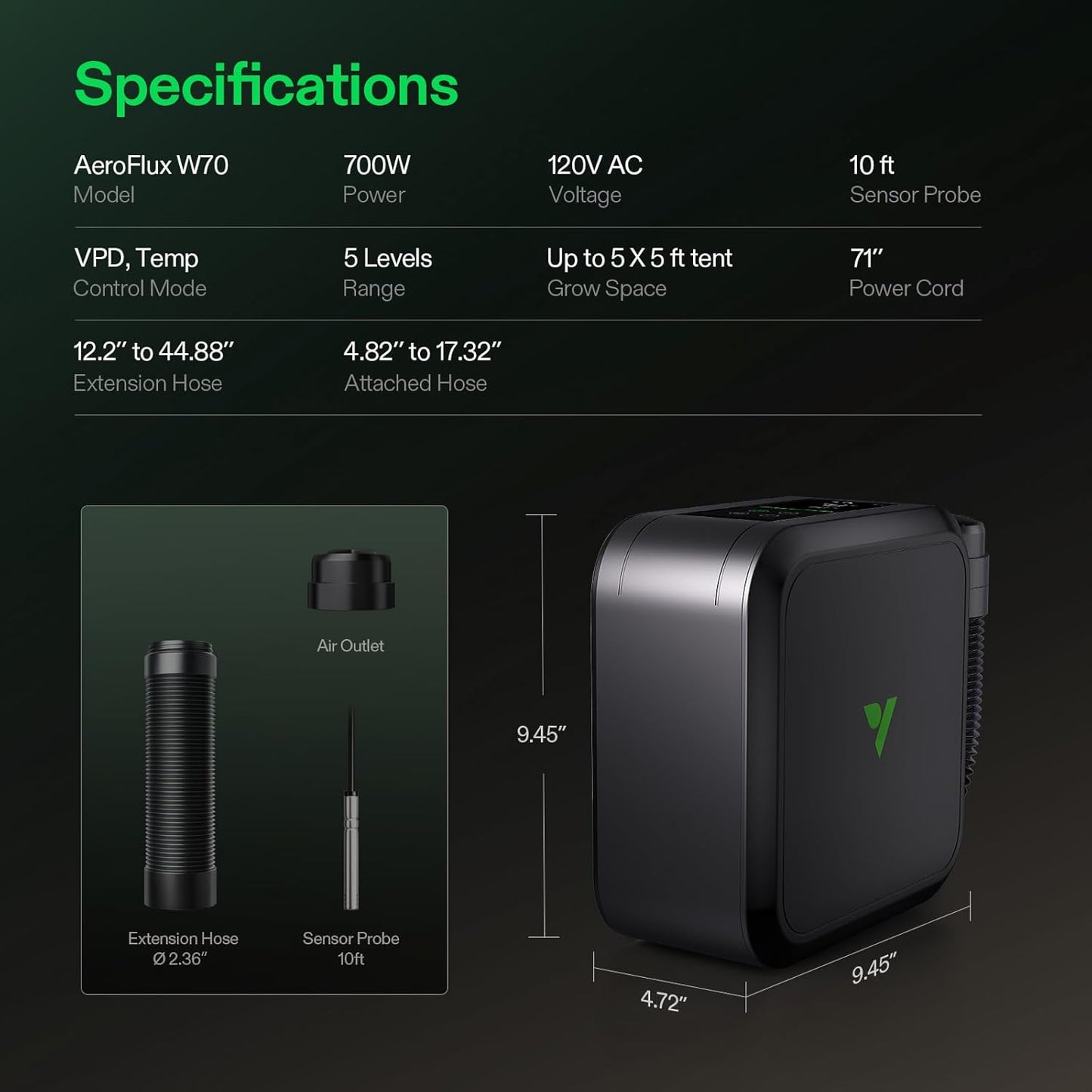 VIVOSUN AeroFlux Smart Grow Tent Heater with Thermostat, 700W PTC Heating, Compact & Portable with VPD, APP Control & Overheat Protection, Included Extension Hose for Grow Tents, Rooms, Greenhouses