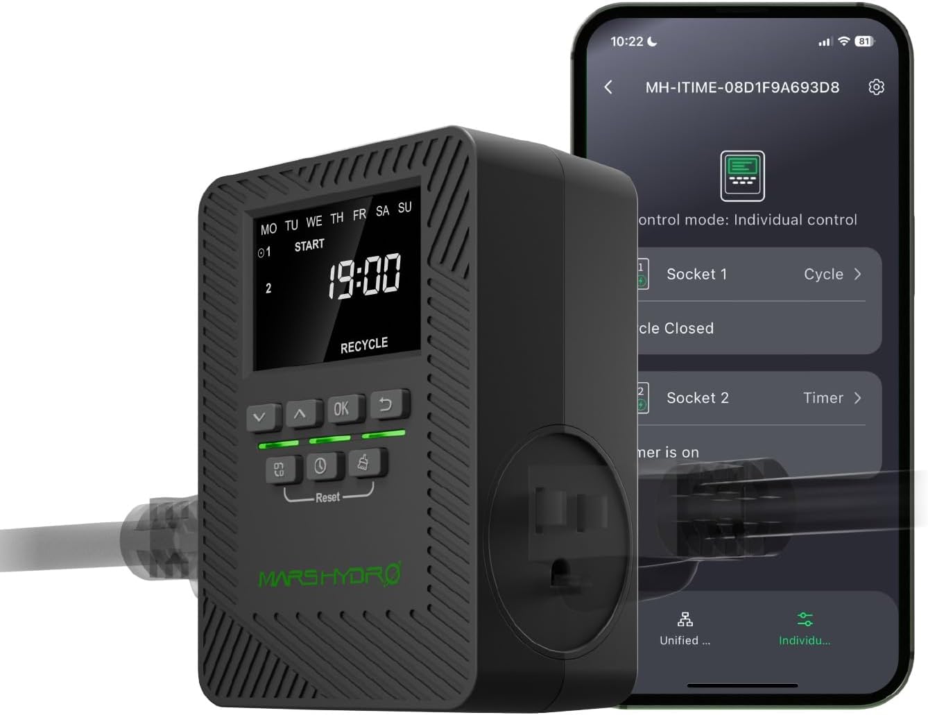2025 MARS Hydro ITime 2-in-1 Smart Timer Outlet Dual Outlet App Control Custom Programmable 12 On/Off for Home Office and Plant Growth Use