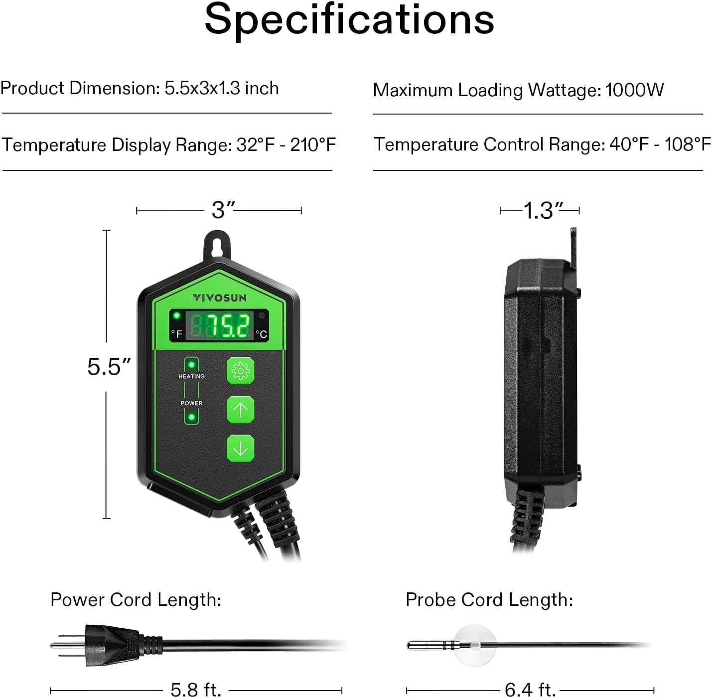 VIVOSUN Digital Heat Mat Thermostat Controller, 40–108 ºF 1000W for Reptiles, Seedlings, Germination, Incubation and Fermentation