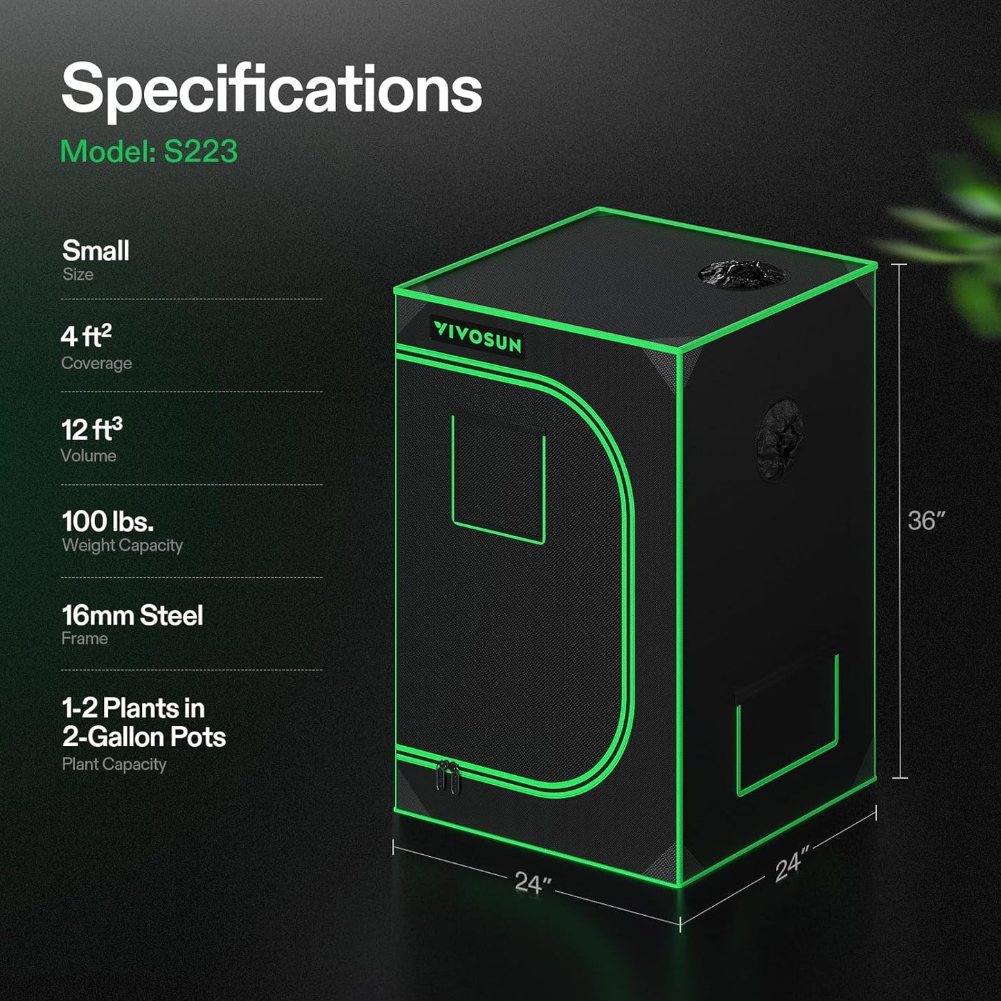 S223 2X2 Grow Tent, 24"X24"X36" High Reflective Mylar with Observation Window and Floor Tray for Hydroponics Indoor Plant for VS1000