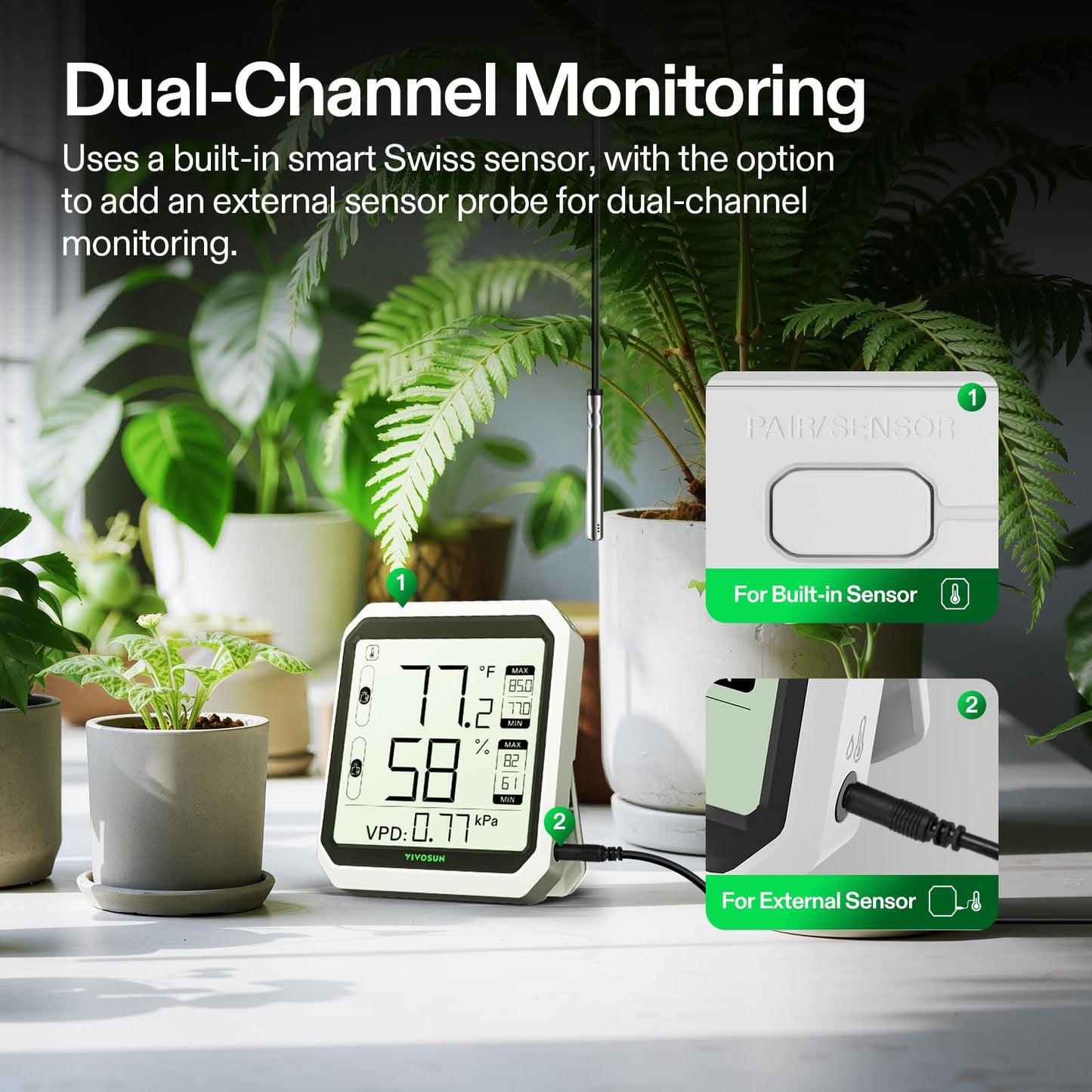 VIVOSUN AeroLab THB1S Wireless Bluetooth Hygrometer Thermometer Indoor, VPD, Digital Temp Humidity Meter, LCD Smart App Control & Alert, Data Storage, Dual Channels with Sensor Probe, Battery Included