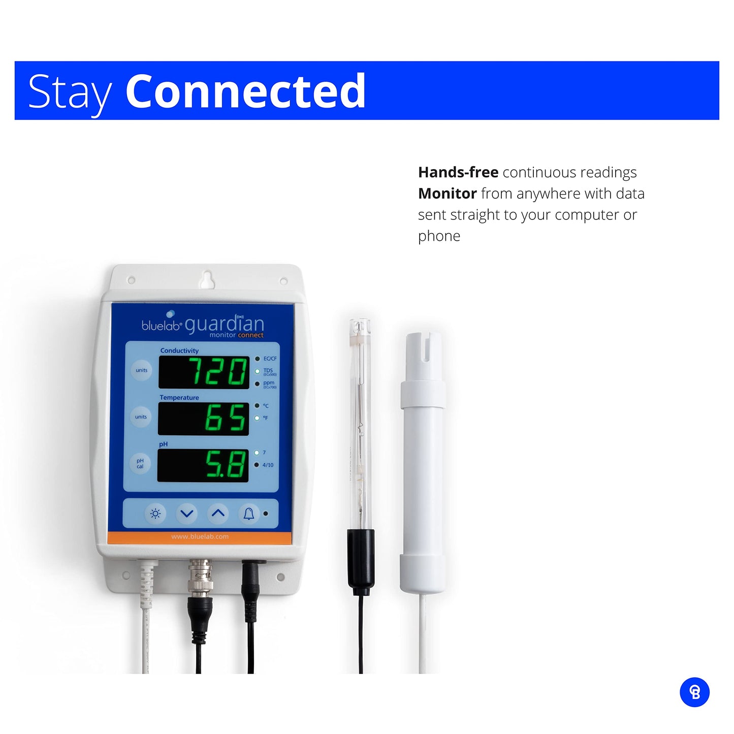 Bluelab Guardian Monitor Wi-Fi for Real-time pH, Temperature, and Conductivity (TDS) Measurements in Water with Calibration, 3 in 1 Digital Nutrient Meter for Hydroponic Systems and Indoor Plant Grow