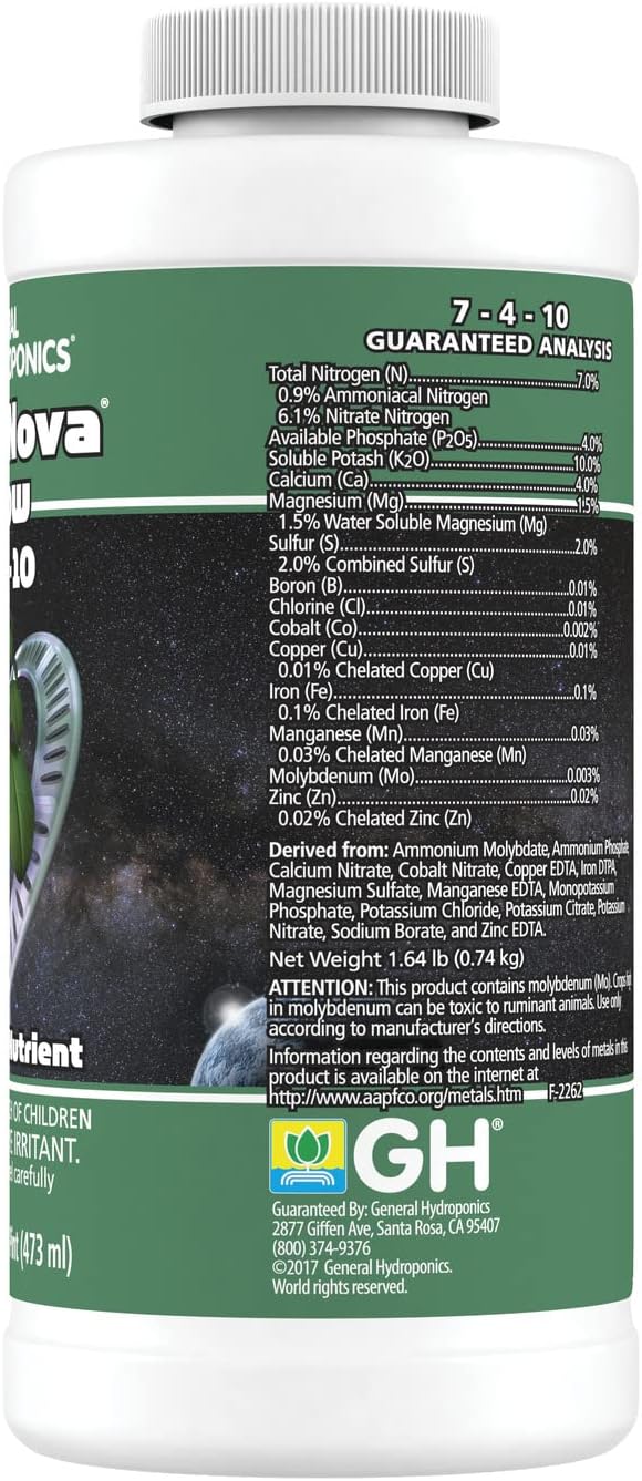 General Hydroponics FloraNova Grow 7-4-10, Robust Strength of Dry Fertilizer But in Rapid Liquid Form, Use for Hydroponics, Soilless Mixtures, Containers & Garden Grown Plants, 1-Quart