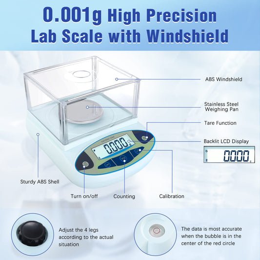FOUR E'S SCIENTIFIC Lab Scale 100g x 0.001g Accuracy - High Precision Laboratory Analytical Balance with Windshield Digital Scientific Scale Jewelry/Kitchen Scale