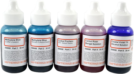 ALDON Innovating Science Bacteria Stain Set - 5 Microscope Slide Stains in 30mL Dropper Bottles: Methylene Blue (2), Carbol Fuchsin, Carbol Rose Bengal, Crystal Violate