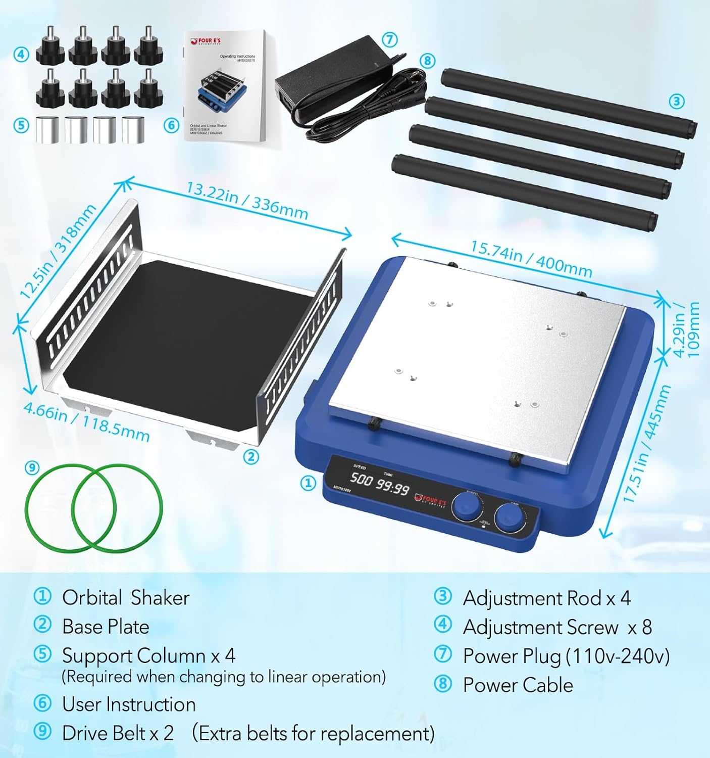 FOUR E'S SCIENTIFIC Orbital and Linear Shaker, Digital Orbital Rotator Shaker with Brushless DC Motor, 20-500 RPM Speed, Max. Load Capacity 7.5 KG