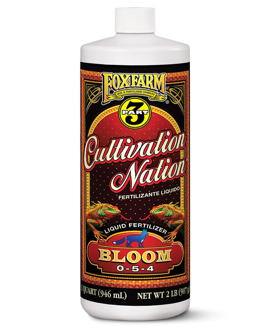 FoxFarm Cultivation Nation Bloom Fertilizer - Enhanced Bud & Fruit Development, Ideal for Soil, Soilless Media, Hydroponics & Aeroponics - Part 3 of 3-Part Feeding Program- NPK 0-5-4 (Quart)