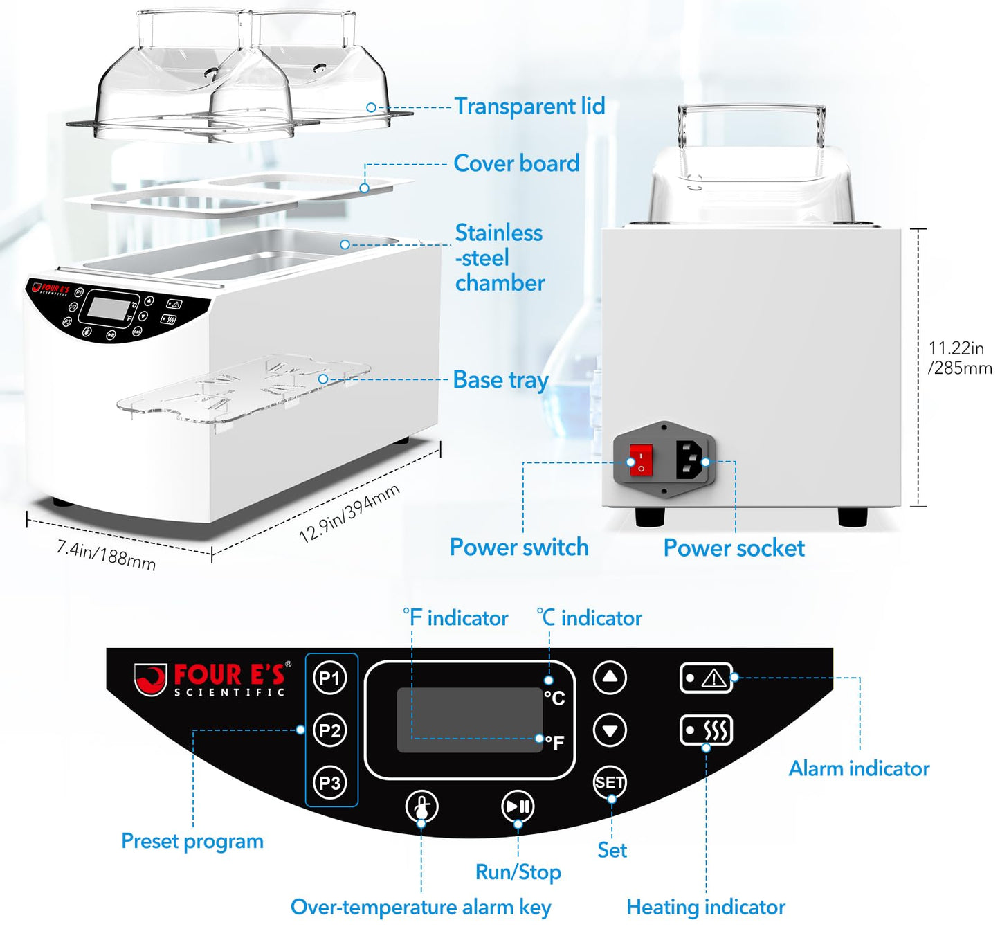 FOUR E'S SCIENTIFIC Lab Water Bath 5L, Digital Thermostatic Water Bath Heater, RT+5°C to 99°C, Precise Temperature Control, 2 Stainless Steel Chambers, LED Display
