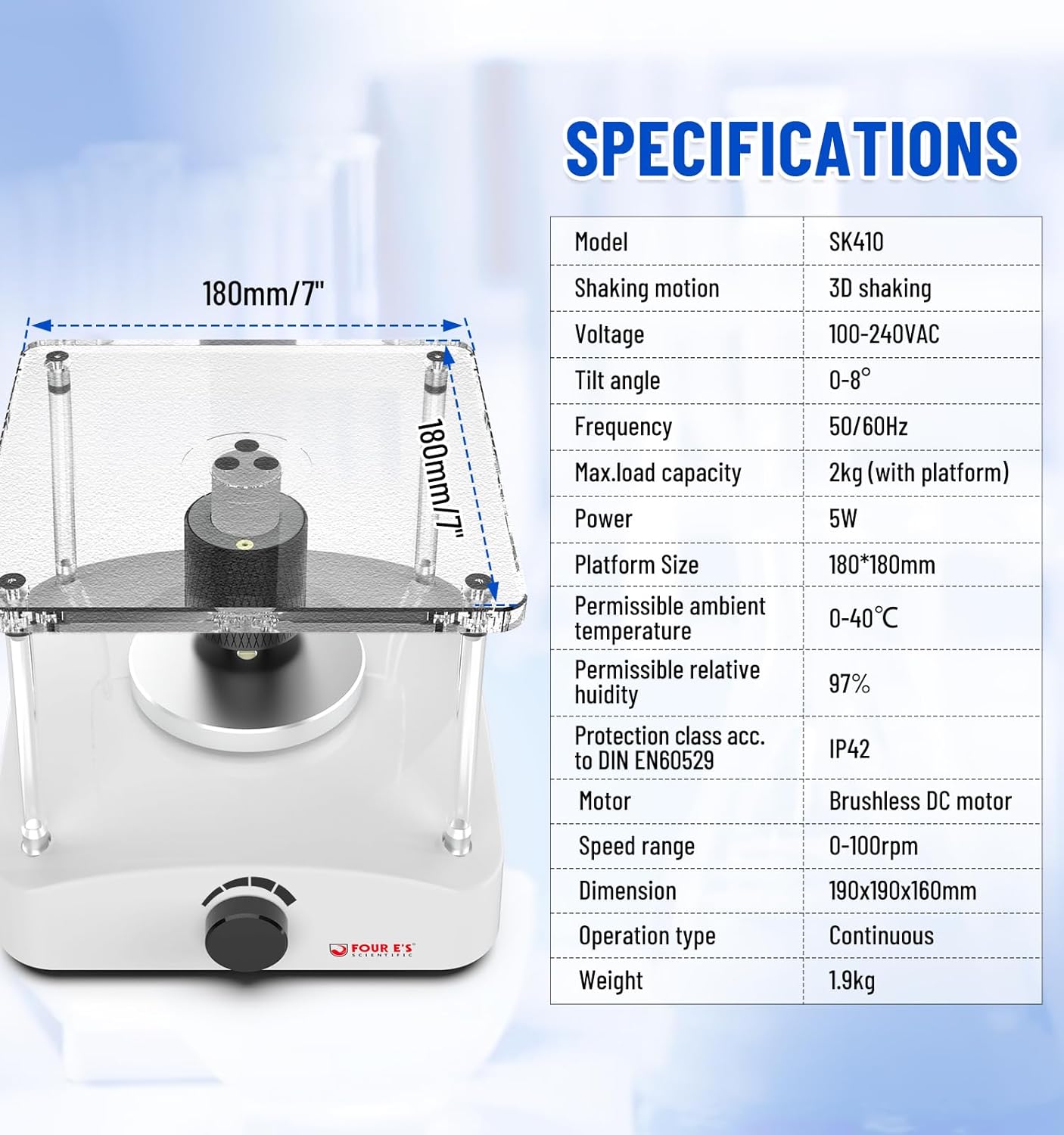 FOUR E'S SCIENTIFIC Lab Shaker, 3D Shaker Compact Rotator Shaker with Adjustable Speed 0-100RPM, 0-8° Tilt Angle, Lab Shaker with Undulating 3D Motion, Non-Slip Mat, Max. Capacity 2KGS
