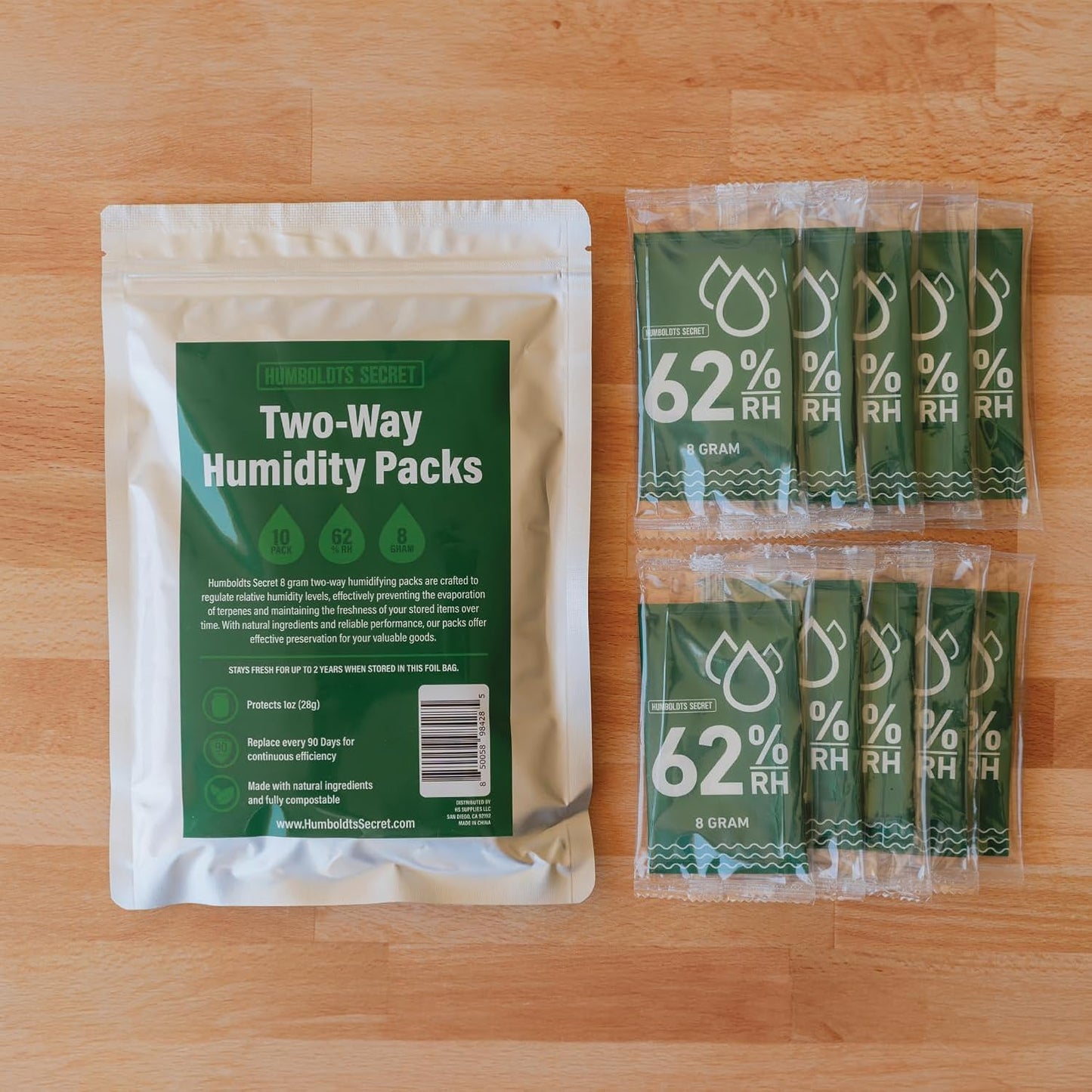 Humboldts Secret 62% Humidity Packs RH 2-Way | Moisture Control Packets for Herbs, Spices, and Cigars with Resealable Bag | Natural Two Way Humidity Control for Fresh Storage | Pack of 10