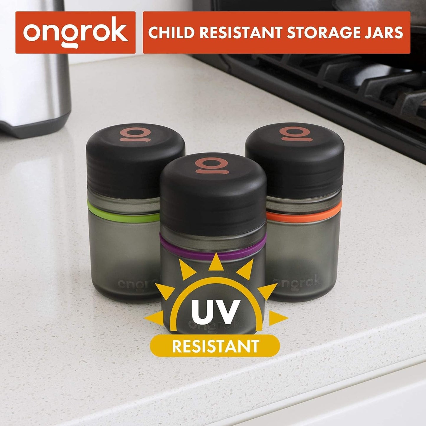 ONGROK Glass Storage Jar, 180ml, 3 Pack, UV Herb/Spice Jar with Child Resistant Lid, Color-Coded Glass Containers Air Proof to Preserve Smell and Aroma, Perfect Size to Store in a Drawer or Cupboard