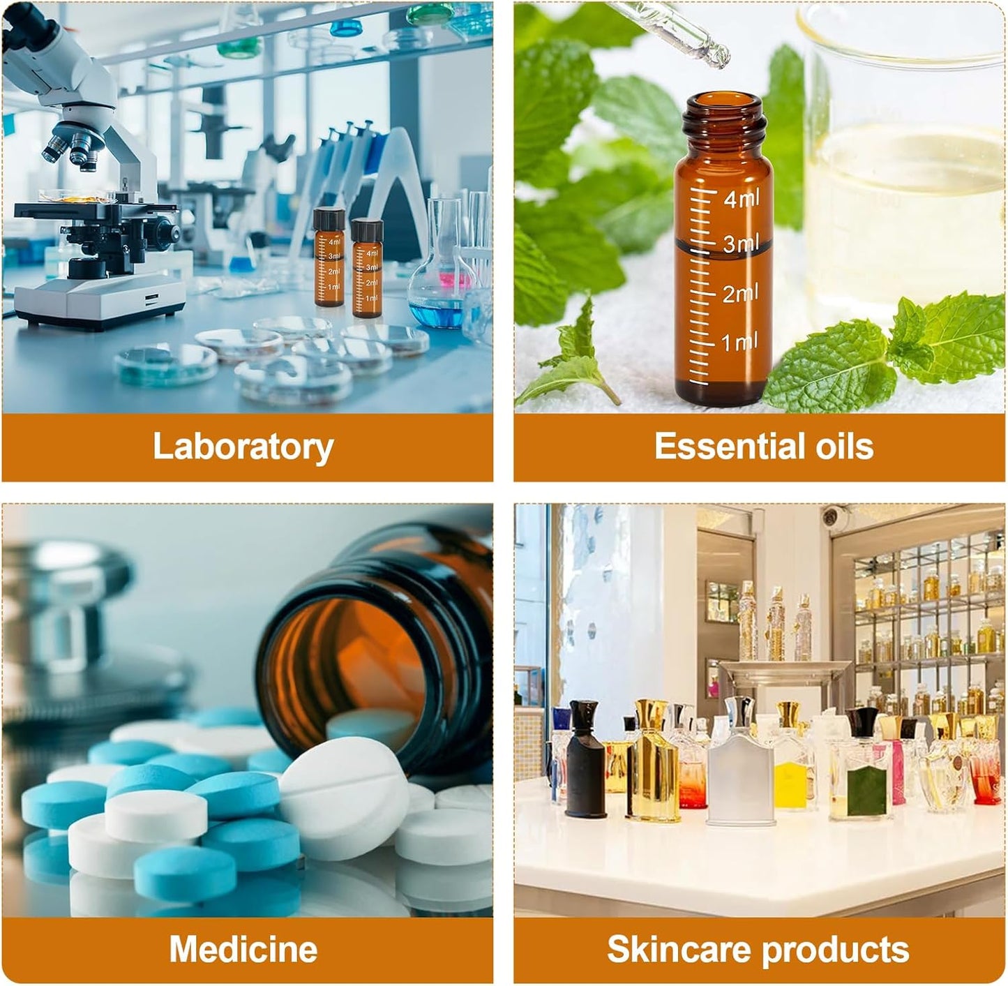 FOUR E'S SCIENTIFIC 100 Pack 4ml Glass Graduated Vials, 1 Dram Amber Small Sample Vials with Plastic Screw Caps Borosilicate Glass Sample Bottles for Liquid Powder Storage