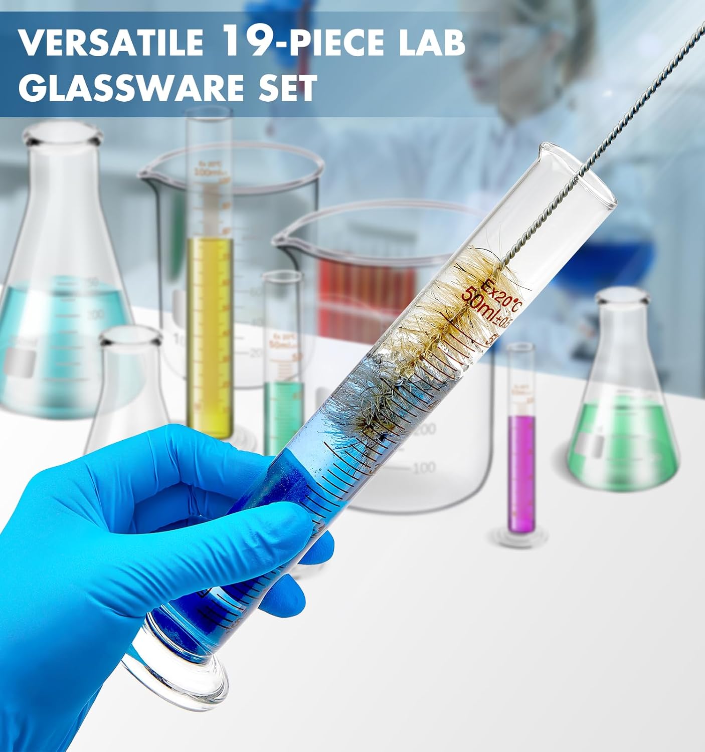 FOUR E'S SCIENTIFIC Glass Beaker Set 50/100/250/500 ml, Glass Flask 50/100/150/250 ml, Graduated Cylinder 10/25/50/100ml, 1 Brush, 2 Droppers, and 4 Stirring Rods