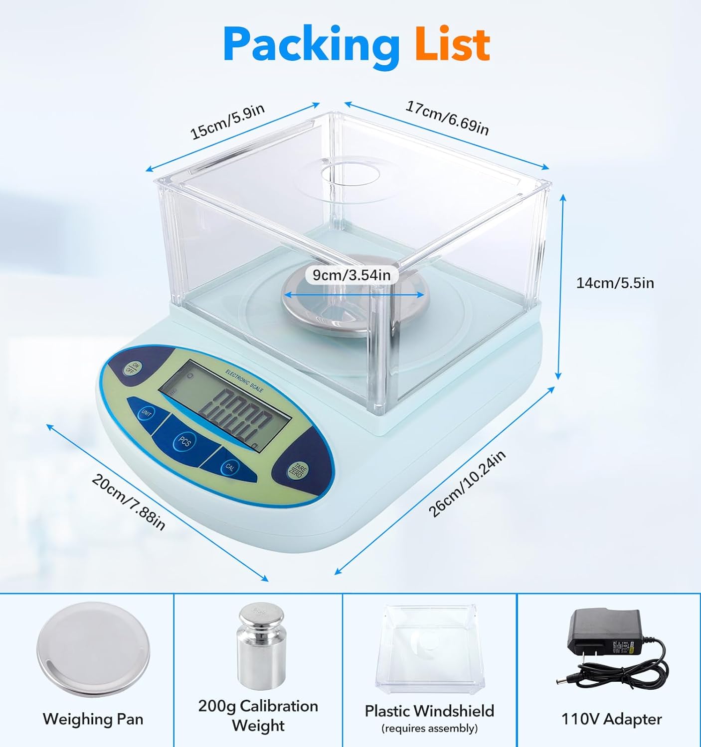 FOUR E'S SCIENTIFIC Lab Scale 450g x 0.001g Accuracy with Windshield, Laboratory Analytical Balance Precision Scientific Scale with 200g Calibration Weight