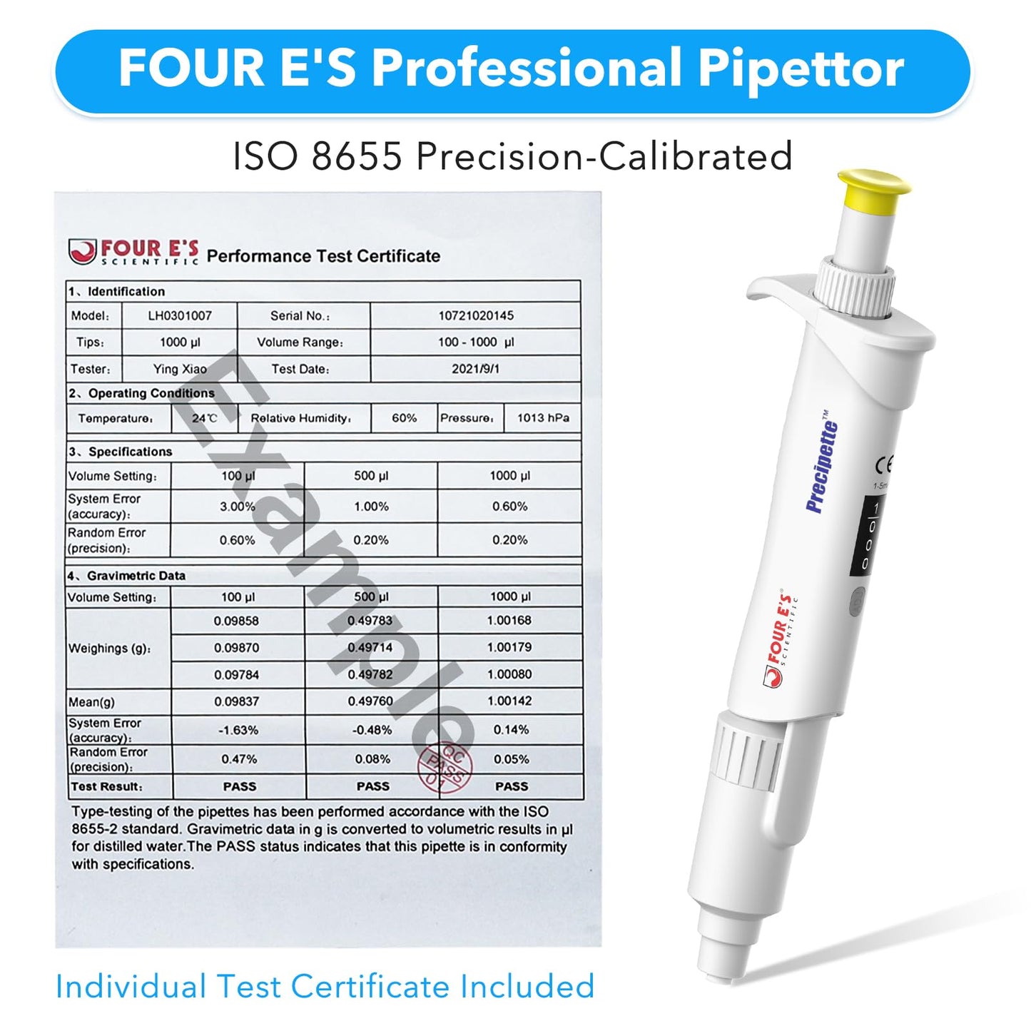 FOUR E'S SCIENTIFIC 20-200μL Pipette, Professional Single-Channel Pipettor Lightweight High Accurate Adjustable Variable Volume Micro Pipette with Calibration Certificate (Model LH0301006)