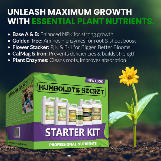 Humboldts Secret Starter Kit Pack | Indoor and Outdoor Plant Fertilizer and Hydroponic Nutrients | Base A & B, CalMag and Iron, Golden Tree, Flower Stacker, Plant Enzymes | Complete Garden System