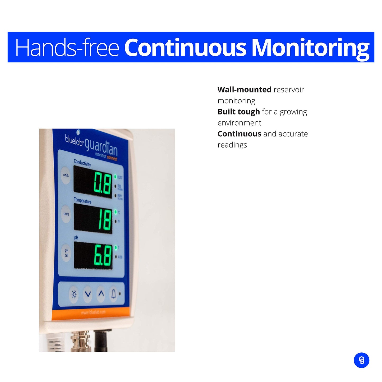 Bluelab Guardian Monitor Wi-Fi for Real-time pH, Temperature, and Conductivity (TDS) Measurements in Water with Calibration, 3 in 1 Digital Nutrient Meter for Hydroponic Systems and Indoor Plant Grow