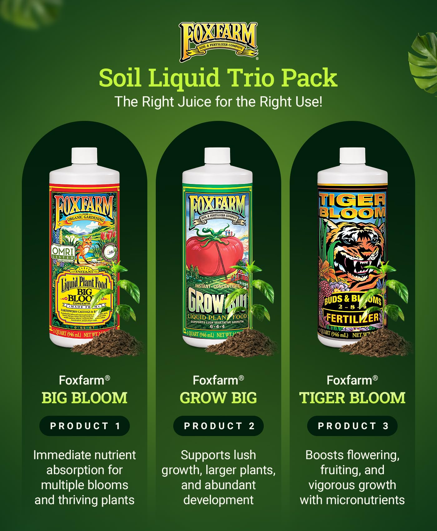 FoxFarm Fertilizer Soil Trio Liquid Nutrient: Tiger Bloom, Grow Big, Big Bloom Gallon Bottles - (Pack of 3-1 Gallon)