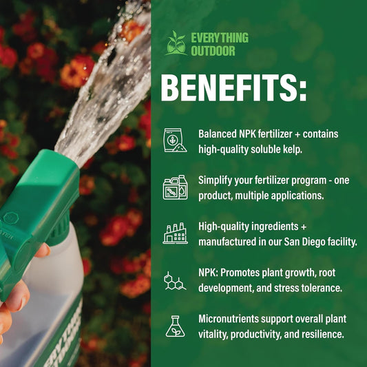 Humboldts Secret Everything Outdoor Plant Food - 5-5-5 Liquid Fertilizer with Kelp - All Purpose Fertilizer (2.5 Gal) w/ 2-Pack 100:1 Garden Hose End Sprayer | Multipurpose Reusable Bottles (32oz)