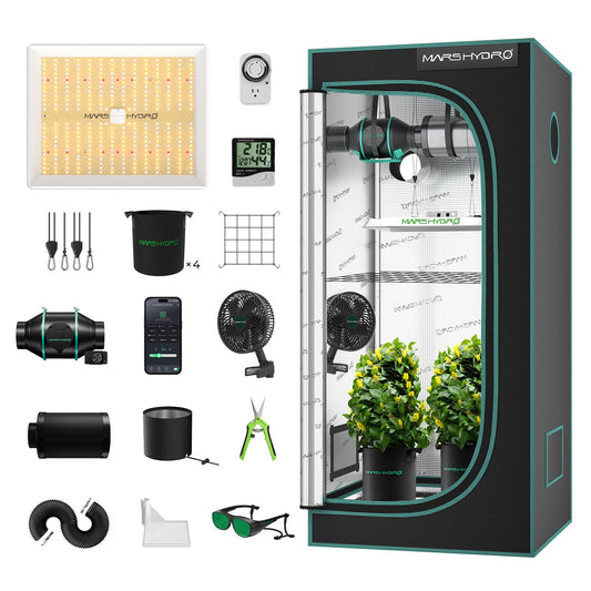 MARS HYDRO 3x3 Grow Tent Kit Complete System,150W TS1000 LED Dimmable Grow Light, 32"x32"x63" 1680D High Reflective Mylar Grow System with 4inch Smart WiFi Control Ventilation System,10 Speed Fan