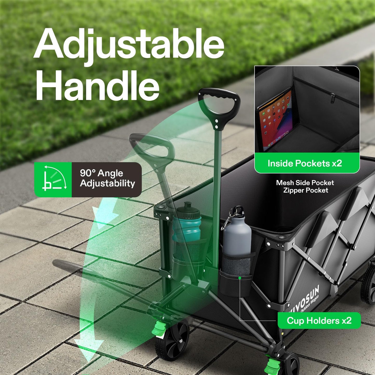 VIVOSUN Collapsible Folding Wagon, 350 lb Load-Bearing Outdoor Utility Cart with Silent Universal Wheels, Cup Holders &Side Pockets, Adjustable Handle, for Camping, Garden, Sports, Picnic, Shopping