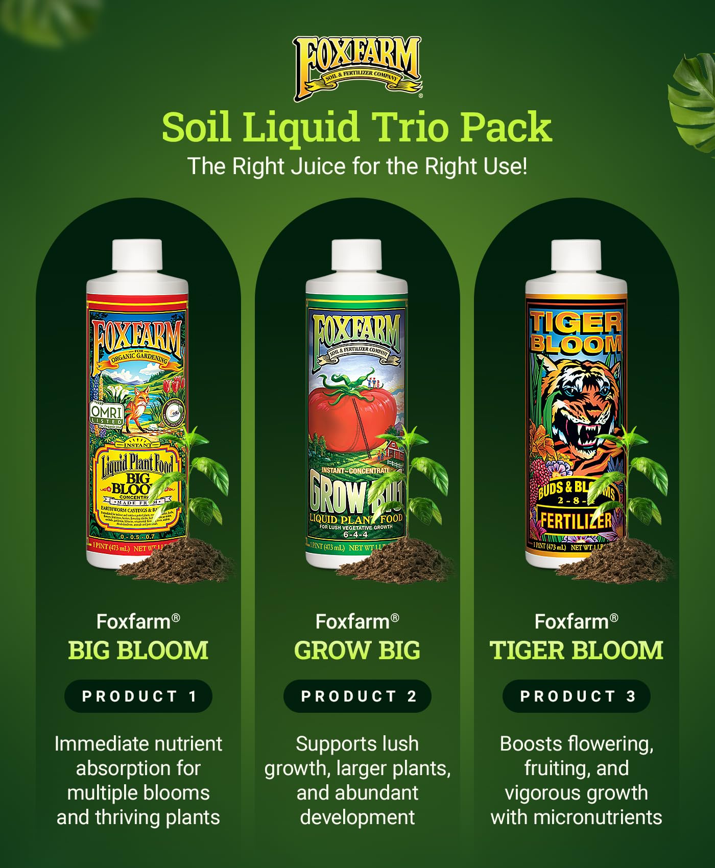 FoxFarm Fertilizer Soil Trio Liquid Nutrient: Tiger Bloom, Grow Big, Big Bloom Gallon Bottles - (Pack of 3-1 Gallon)