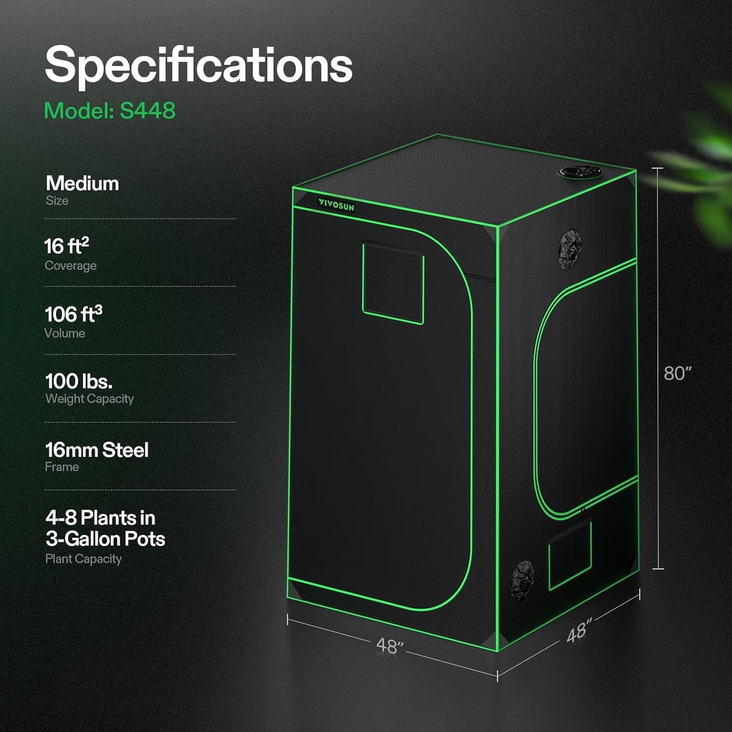 S448 4X4 Grow Tent, 48"X48"X80" High Reflective Mylar with Observation Window and Floor Tray for Hydroponics Indoor Plant for VS4000/VSF4300