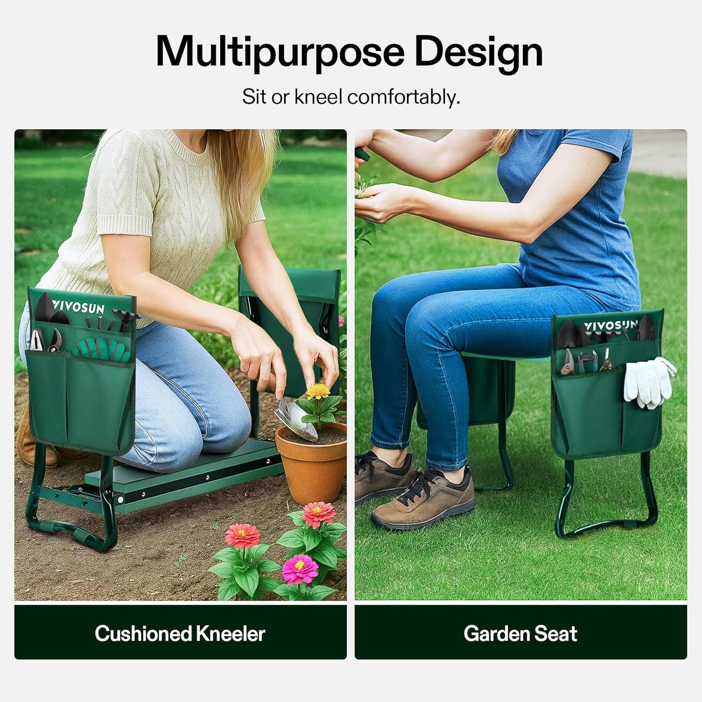 Garden Kneeler and Seat, Foldable Gardening Stool, Garden Kneeling Bench with Handles, EVA Foam Pad & 2 Tool Bags, Portable Tools for Women Men Seniors, 2-In-1 Outdoor Supplies