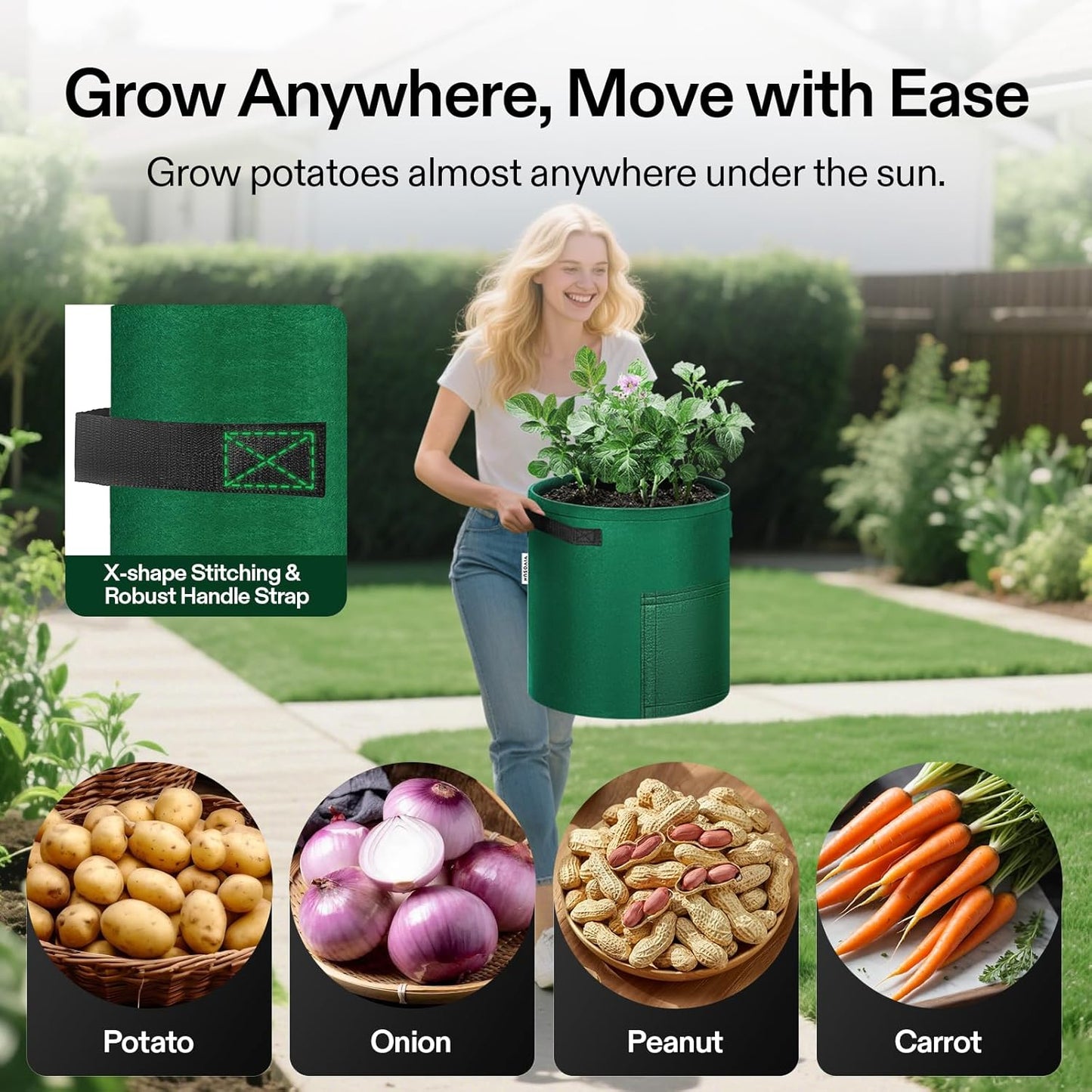 5-Pack 7 Gallon Potato Grow Bags for Growing Potatoes, Fabric Potato Pots with Handle and Roll-Up Window, Potato Growing Containers Potato Planter Potato Planter for Growing Potatoes, Green