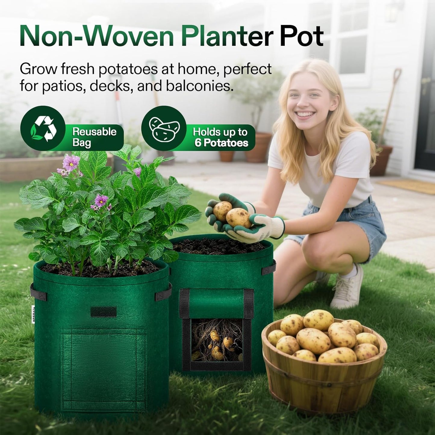 5-Pack 7 Gallon Potato Grow Bags for Growing Potatoes, Fabric Potato Pots with Handle and Roll-Up Window, Potato Growing Containers Potato Planter Potato Planter for Growing Potatoes, Green