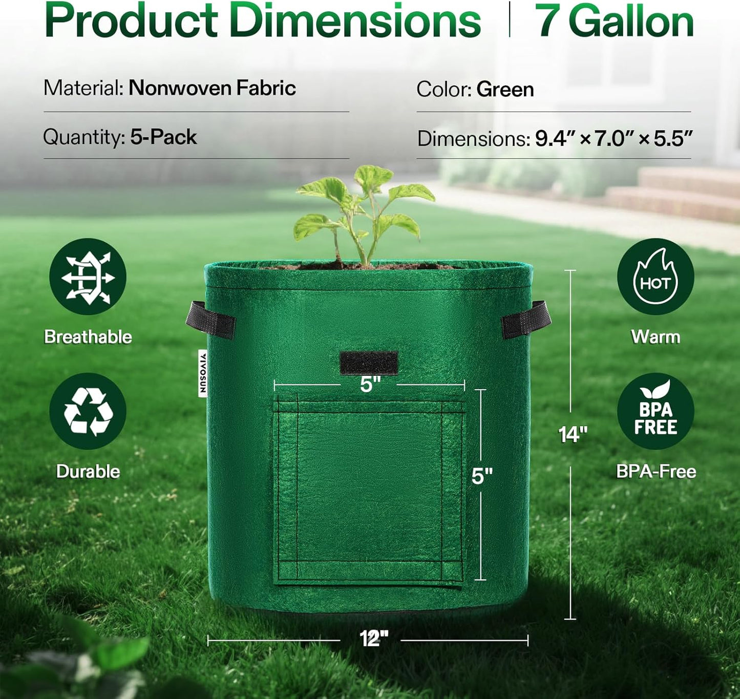 5-Pack 7 Gallon Potato Grow Bags for Growing Potatoes, Fabric Potato Pots with Handle and Roll-Up Window, Potato Growing Containers Potato Planter Potato Planter for Growing Potatoes, Green