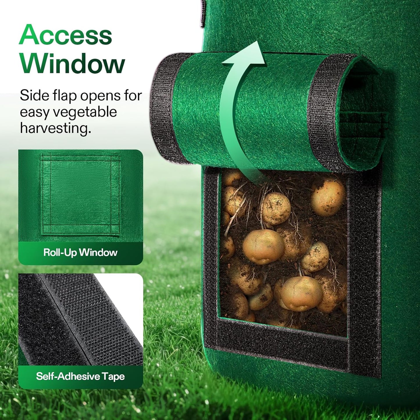 5-Pack 7 Gallon Potato Grow Bags for Growing Potatoes, Fabric Potato Pots with Handle and Roll-Up Window, Potato Growing Containers Potato Planter Potato Planter for Growing Potatoes, Green