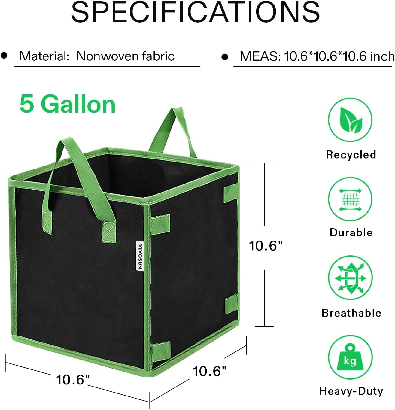 5 Pack 5 Gallon Square Grow Bags, Thick Nonwoven Cubic Fabric Pots with Handles for Indoor and Outdoor Gardening