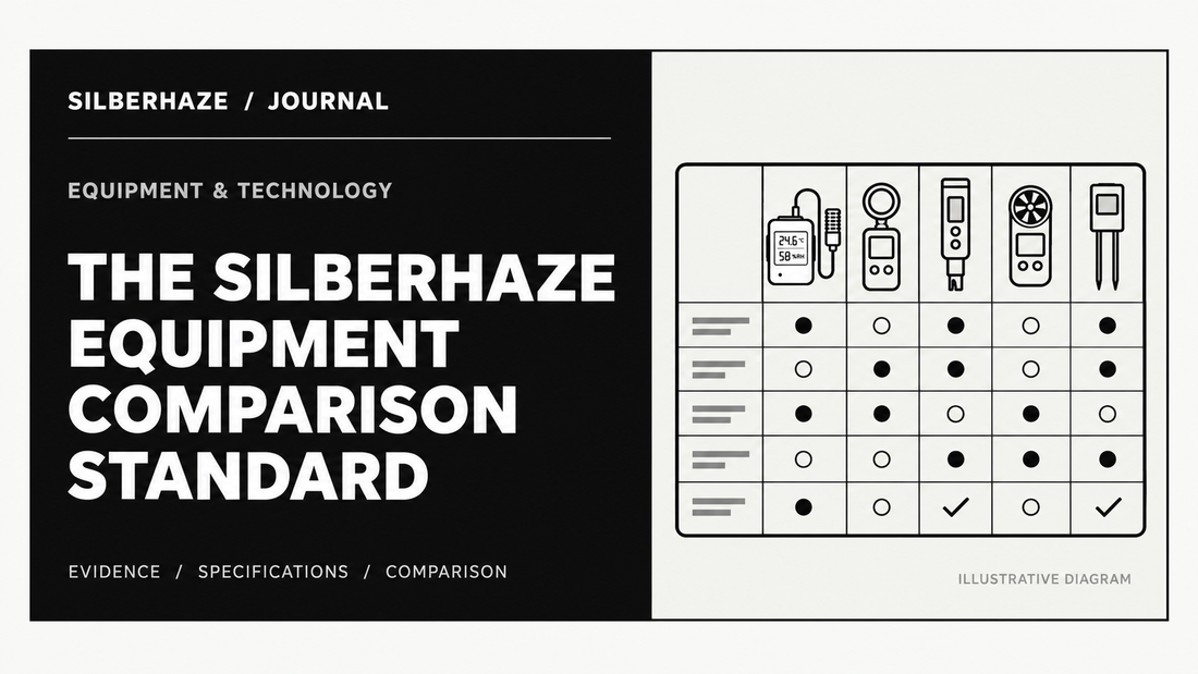 Monochrome Silberhaze Journal cover: The Silberhaze Equipment Comparison Standard; equipment illustrations and a comparison chart. Illustrative diagram, not test results.