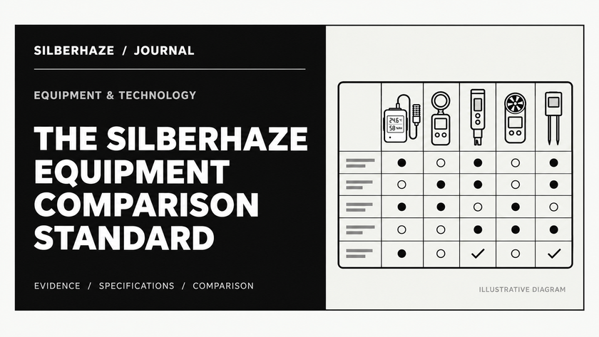 Monochrome Silberhaze Journal cover: The Silberhaze Equipment Comparison Standard; equipment illustrations and a comparison chart. Illustrative diagram, not test results.