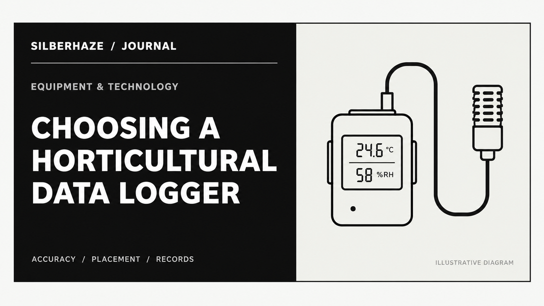 Monochrome Silberhaze Journal cover: Choosing a Horticultural Data Logger; line drawing of a data logger and temperature-humidity probe. Illustrative diagram.
