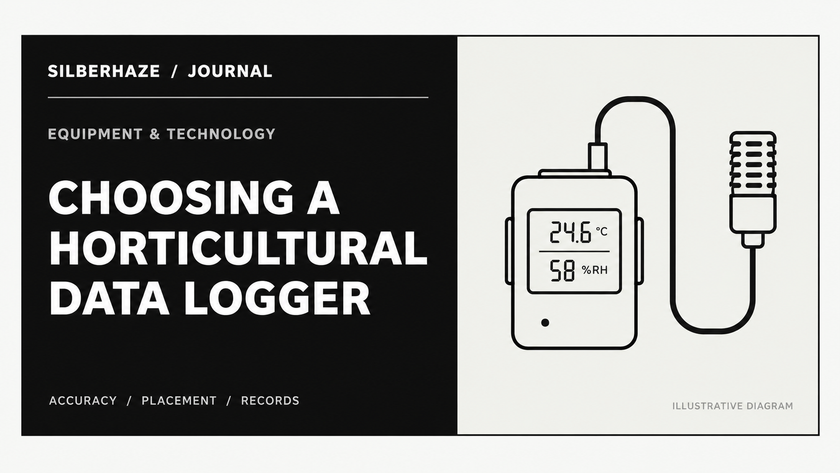 Monochrome Silberhaze Journal cover: Choosing a Horticultural Data Logger; line drawing of a data logger and temperature-humidity probe. Illustrative diagram.
