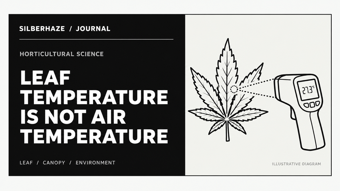 Monochrome Silberhaze Journal cover: Leaf Temperature Is Not Air Temperature; line illustration of a leaf and infrared thermometer. Illustrative diagram.