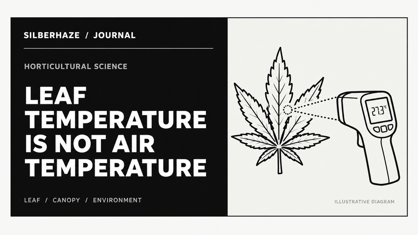 Monochrome Silberhaze Journal cover: Leaf Temperature Is Not Air Temperature; line illustration of a leaf and infrared thermometer. Illustrative diagram.