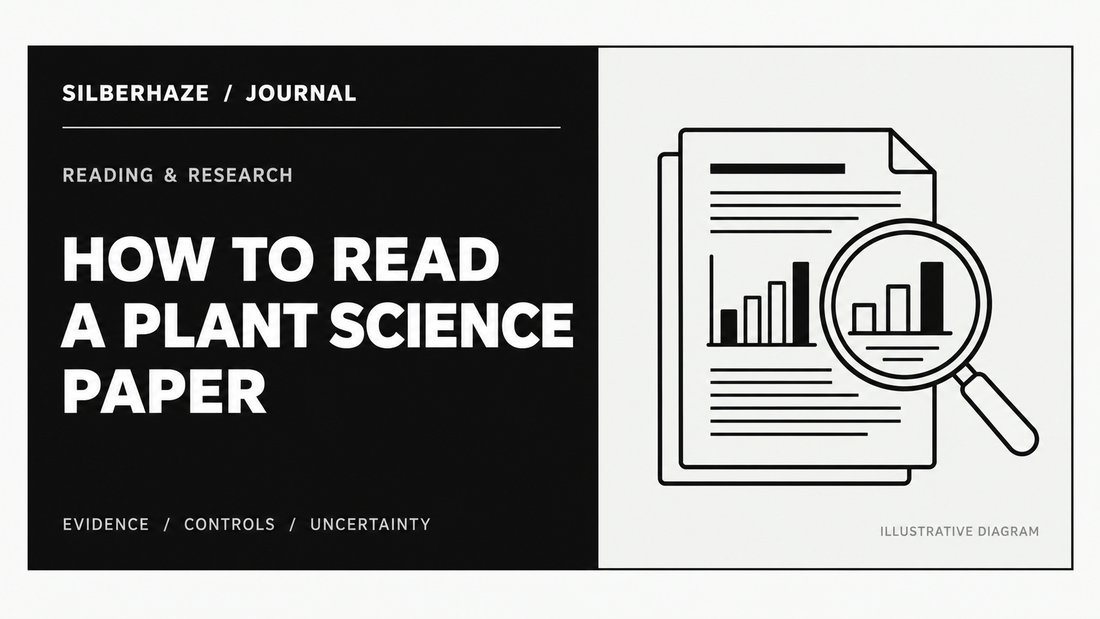 Monochrome Silberhaze Journal cover: How to Read a Plant Science Paper; diagram of research pages and magnifying glass. Illustrative diagram.