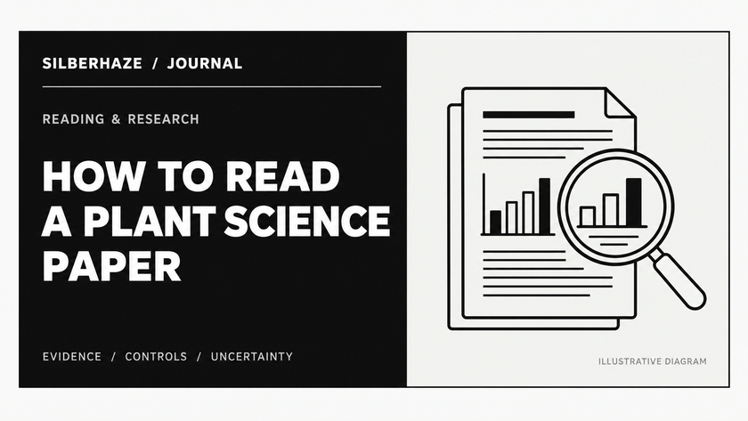 Monochrome Silberhaze Journal cover: How to Read a Plant Science Paper; diagram of research pages and magnifying glass. Illustrative diagram.