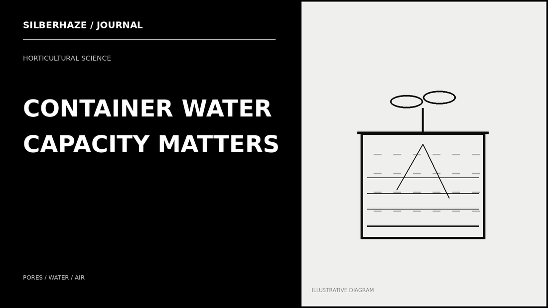 Silberhaze Journal monochrome featured illustration with enlarged headline for Container Water Capacity: Why Drainage Does Not Mean Dry Roots