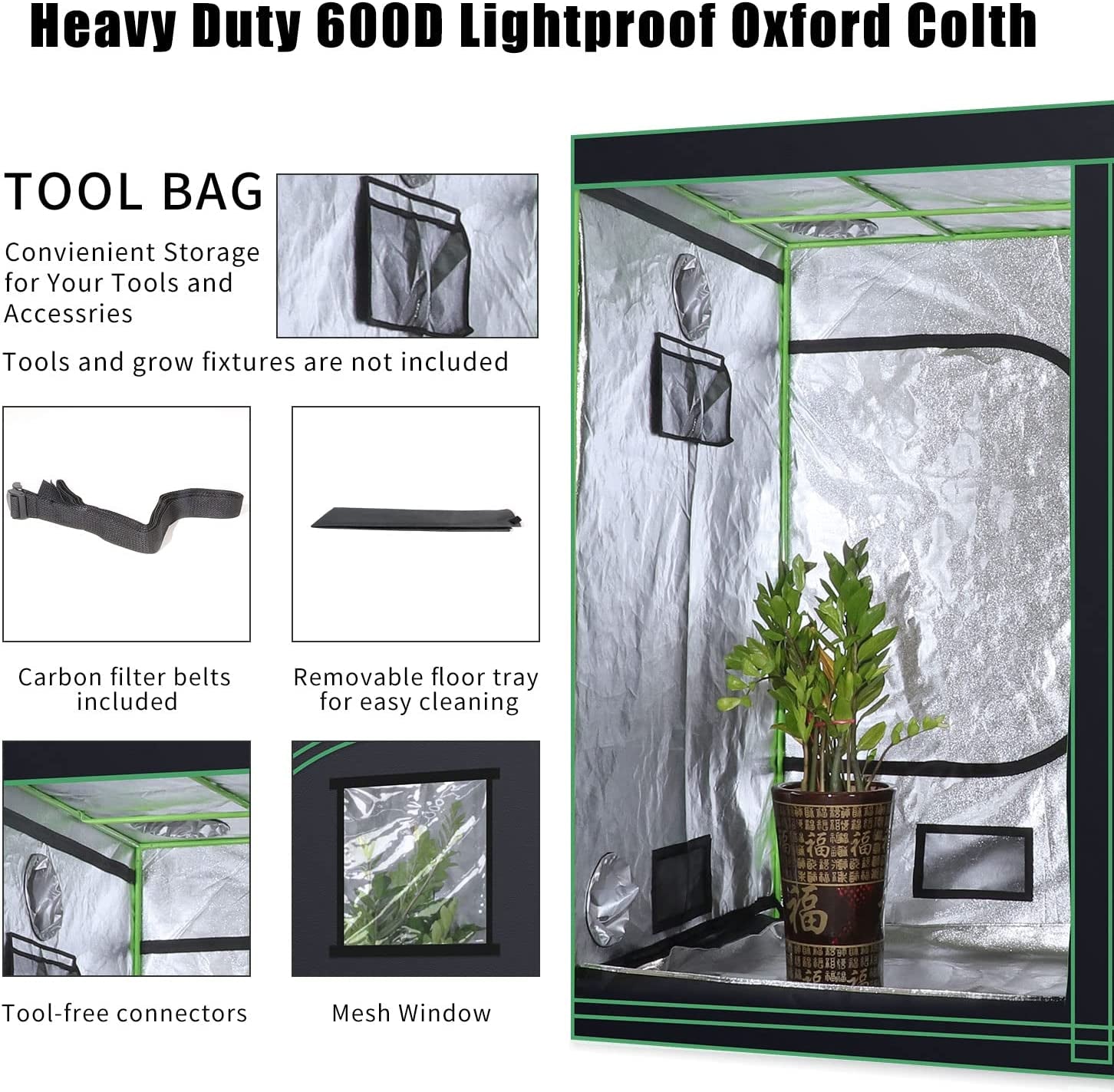 48''X24''X60'' Grow Tent Hydroponic Higher Density 600D Mylar Reflective Indoor Plant Greenhouse Growing with Observation Window and Removable Floor Tray for Flora Vegetables Flower