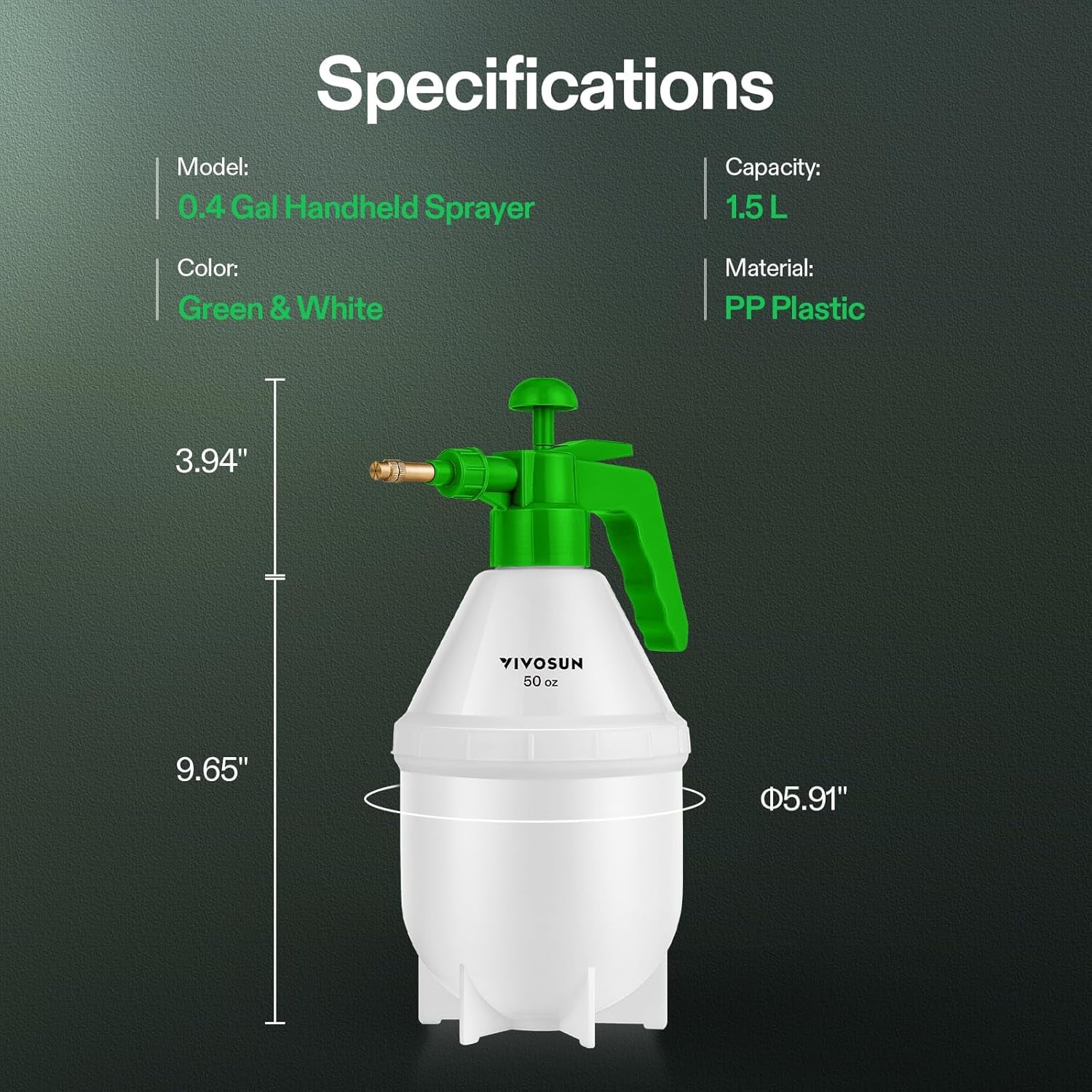 50Oz Pump Sprayer, Handheld Garden Water Sprayer Bottle with Adjustable Brass Nozzle, for Spraying Plants, Flowers, Weeds and Cleaning, Green