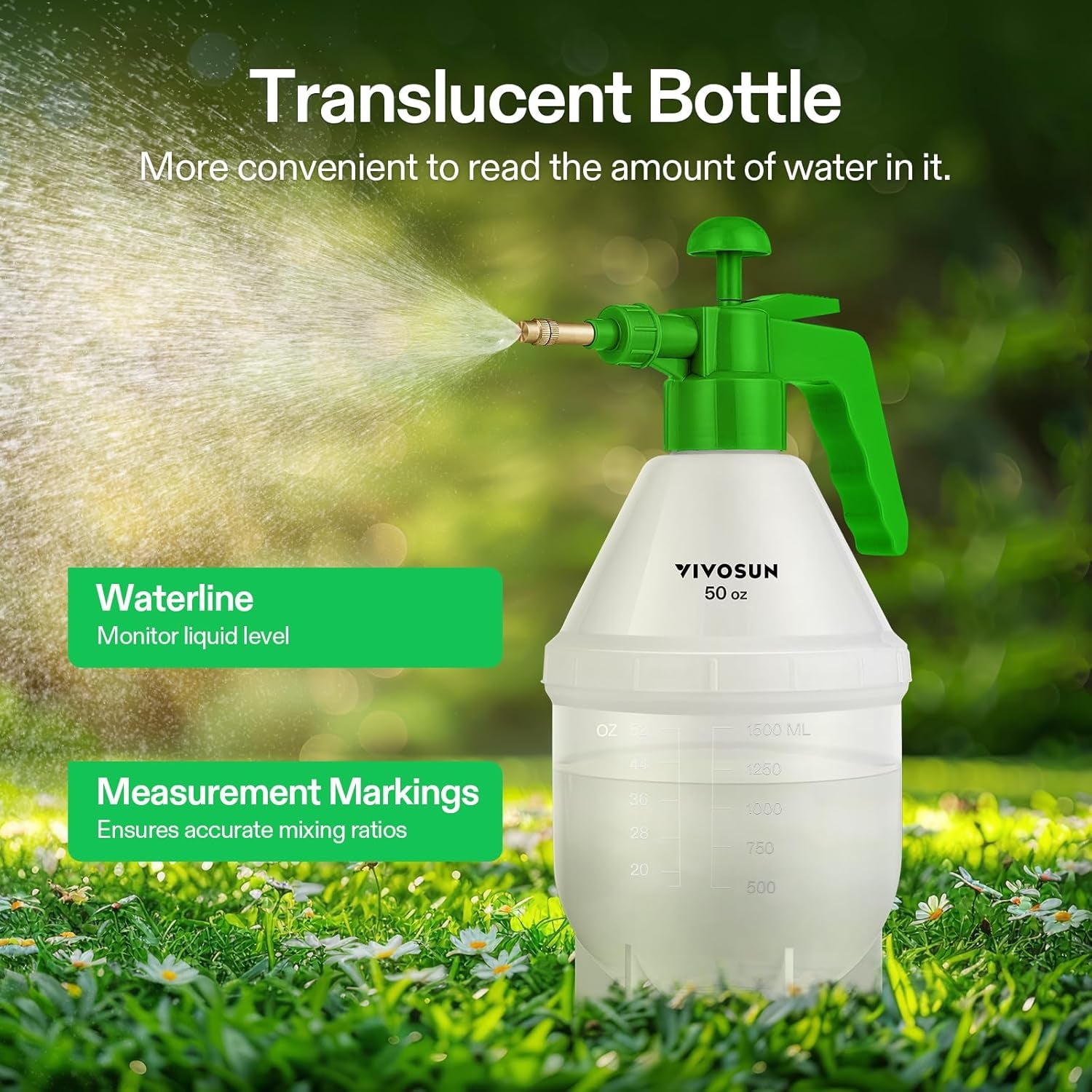 50Oz Pump Sprayer, Handheld Garden Water Sprayer Bottle with Adjustable Brass Nozzle, for Spraying Plants, Flowers, Weeds and Cleaning, Green